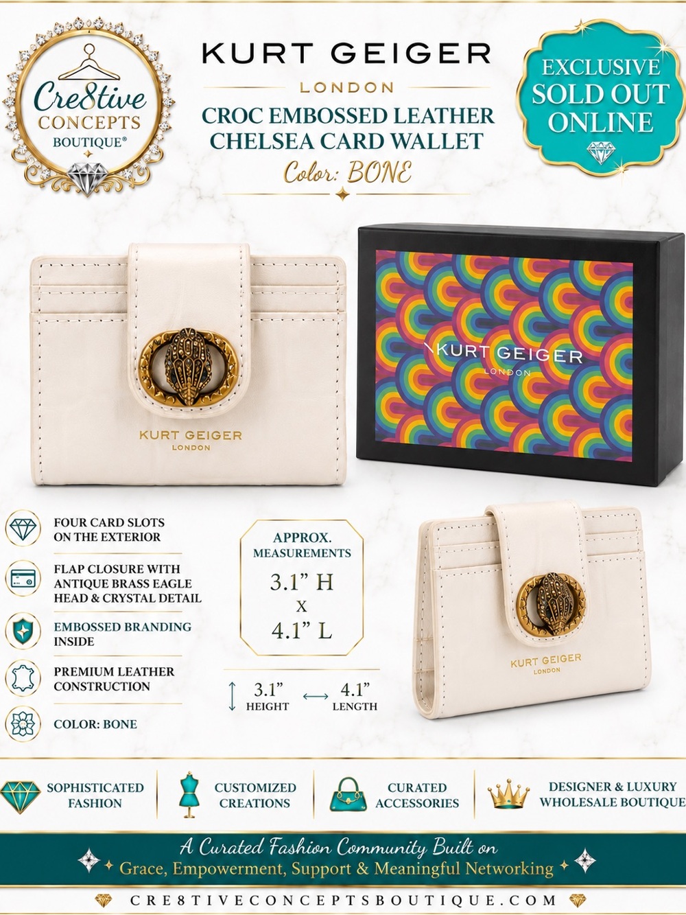 Kurt Geiger London Chelsea Croc Embossed Leather Card Wallet,Gold Crystal Eagle